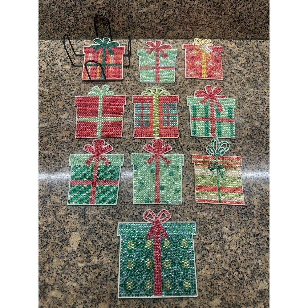 Christmas Present Gift Box Rhinestone Coasters Set Of 10 With Metal Holder
